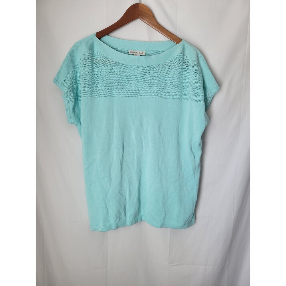 Coldwater Creek Women's 1X Plus Size Aqua Open Knit Chevron Boat Neck Pullover